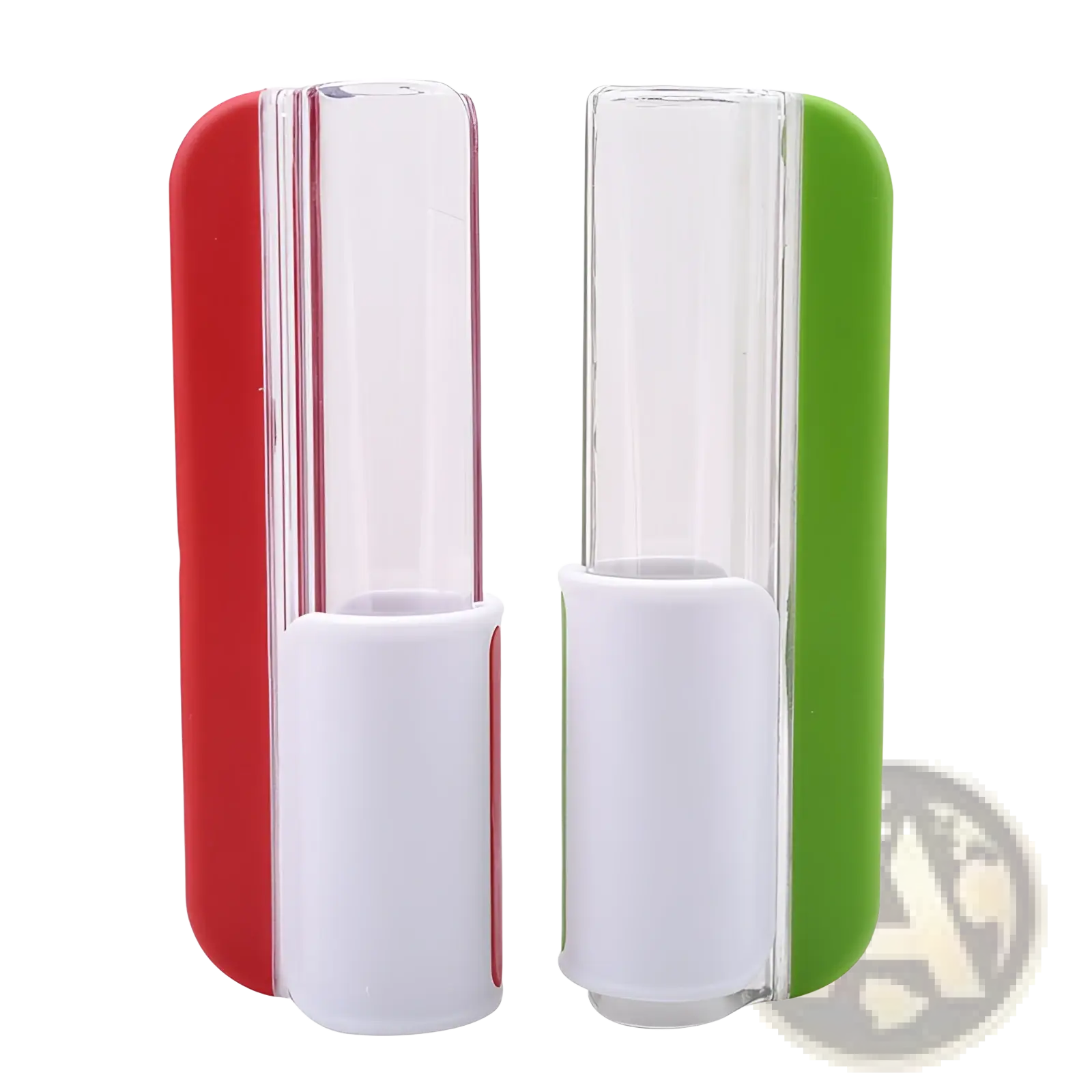 Grape and tomato slicer fruit cutter with red and green silicone handles and clear plastic case on white bases