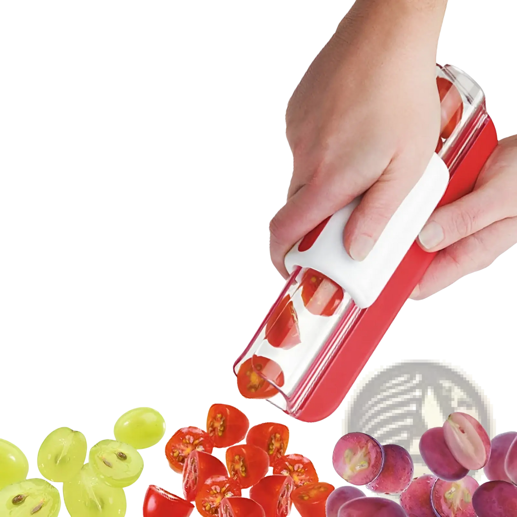 Red and white handheld grape and tomato slicer with clear plastic chamber for easy and precise fruit cutting