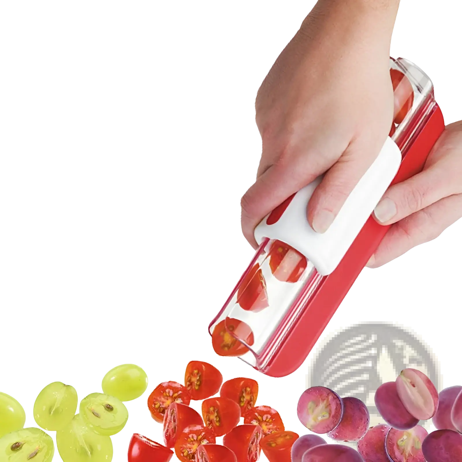 Red and white handheld grape and tomato slicer with clear plastic chamber for easy and precise fruit cutting