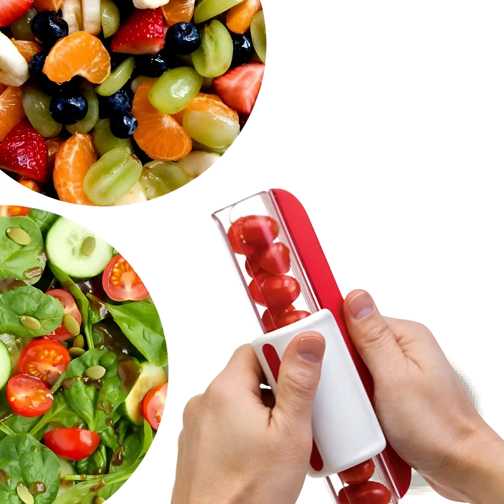 Red and white handheld grape and tomato slicer fruit cutter with clear plastic tube for slicing fruit snacks