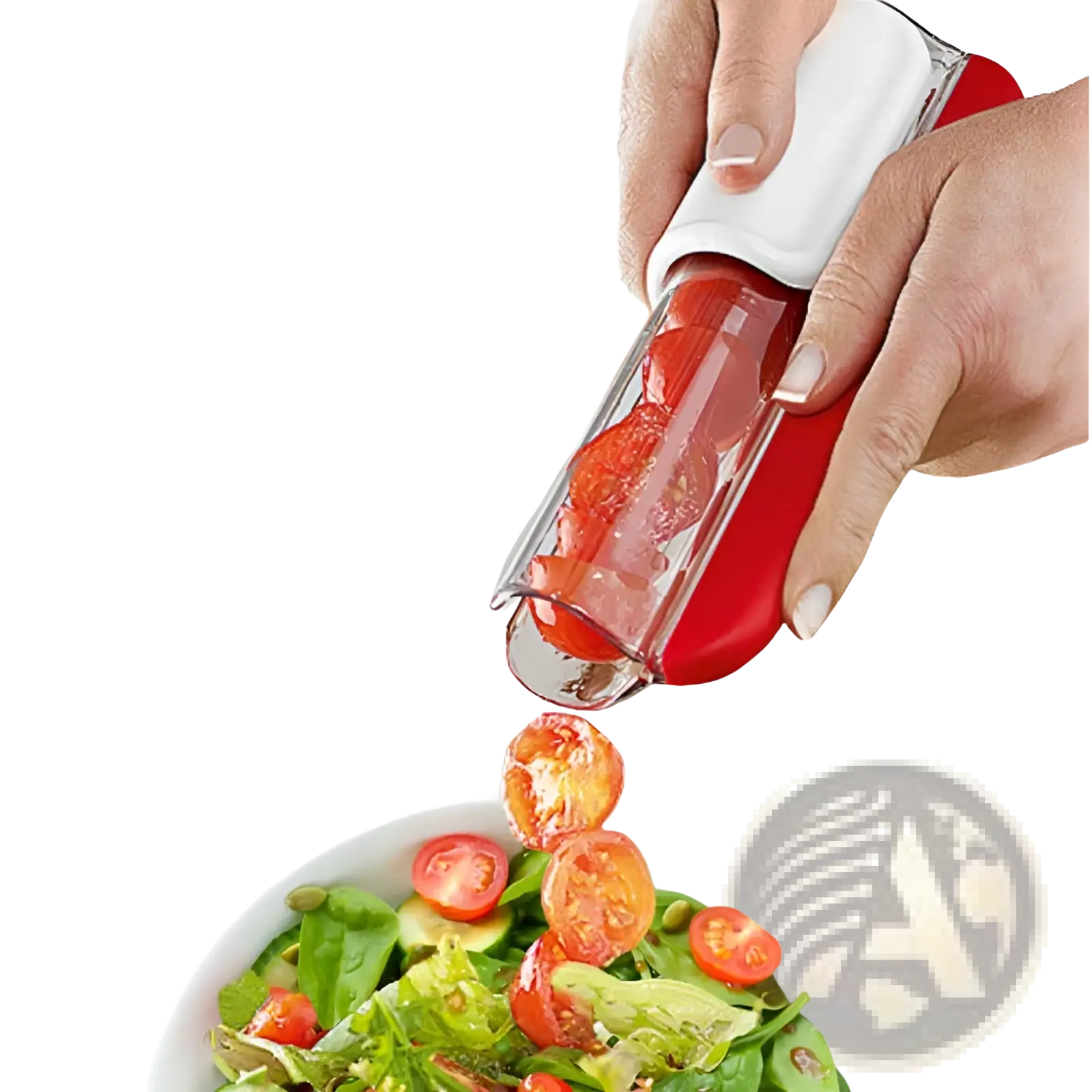 Red and white handheld grape and tomato slicer with clear plastic body for fruit cutting in kitchen use