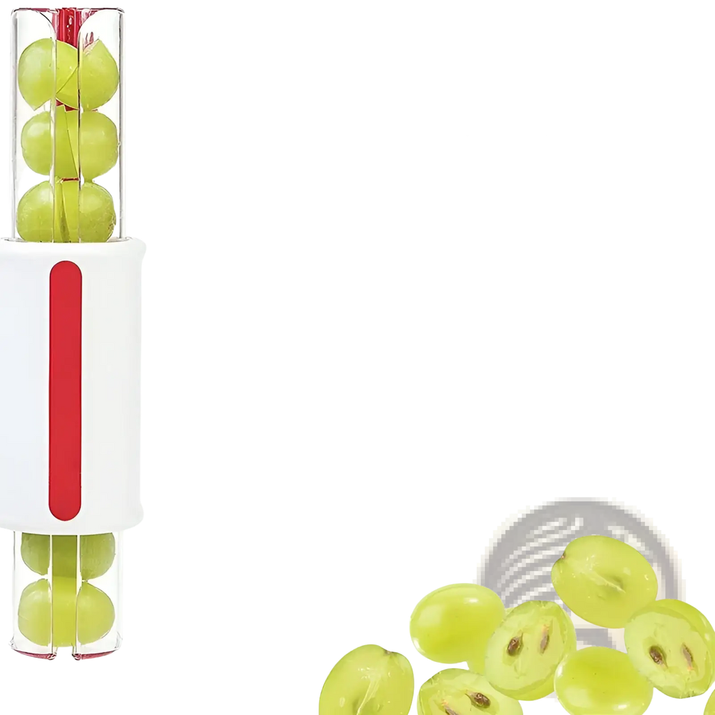 White and red grape and tomato slicer with clear cylindrical tube fruit cutter kitchen tool for precise slicing