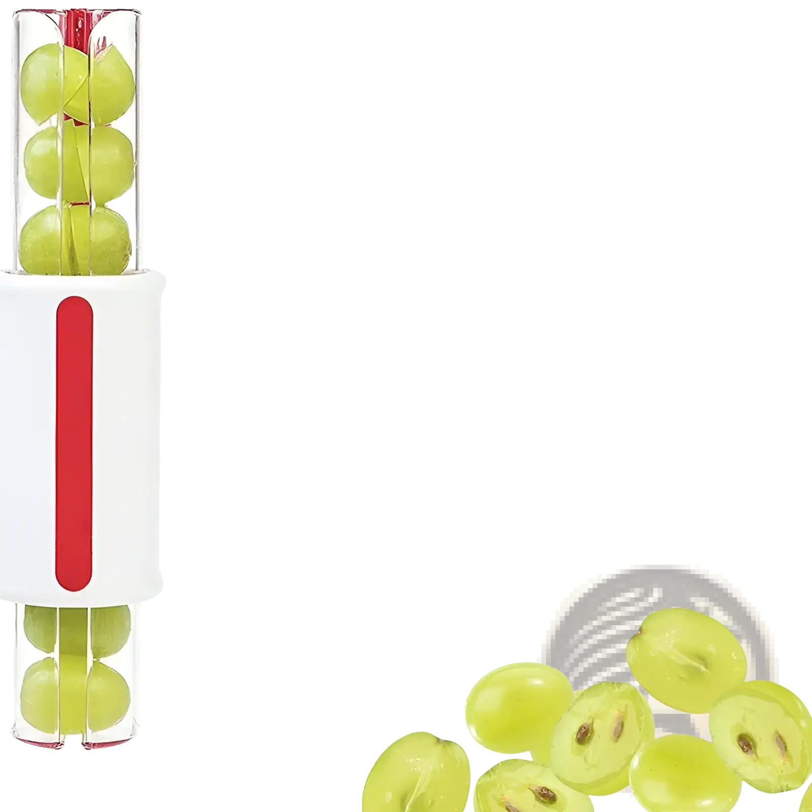 White and red grape and tomato slicer with clear cylindrical tube fruit cutter kitchen tool for precise slicing