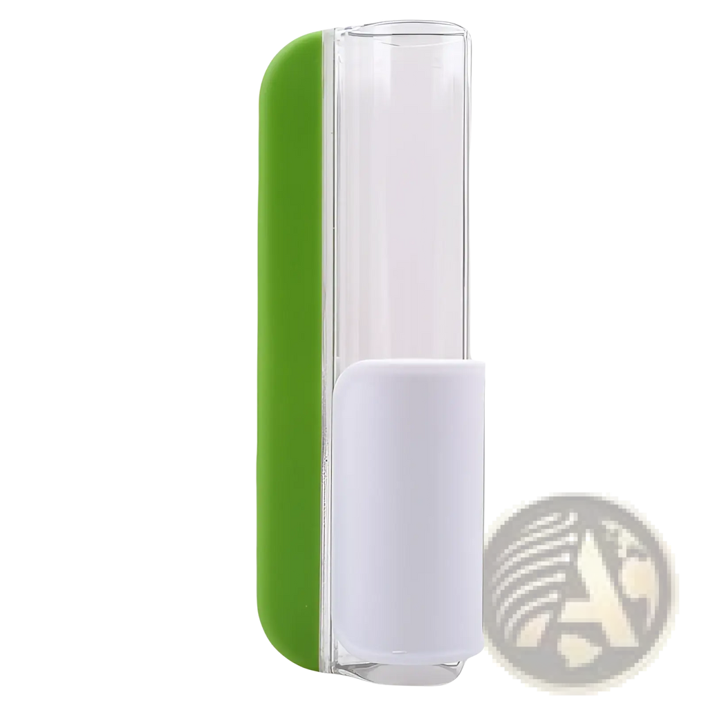 Green and clear plastic wall-mounted spice shaker with white base for use with grape and tomato slicer fruit cutter tool