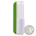 Green and clear plastic wall-mounted spice shaker with white base for use with grape and tomato slicer fruit cutter tool
