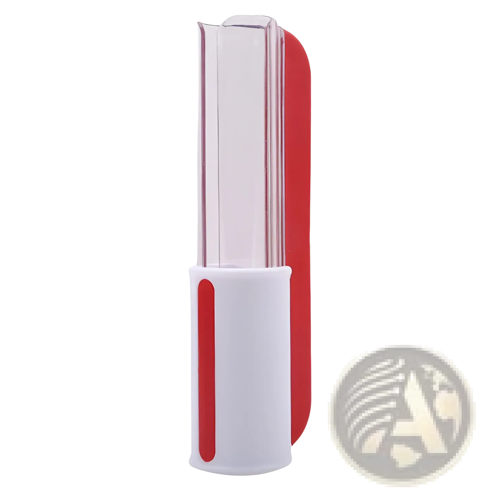 Red and white plastic-handled grape and tomato slicer fruit cutter with clear cylindrical blade housing for kitchen use