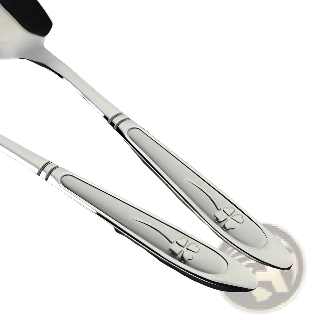 Silver grapefruit spoons made of stainless steel with serrated edges and engraved clover designs on the handles