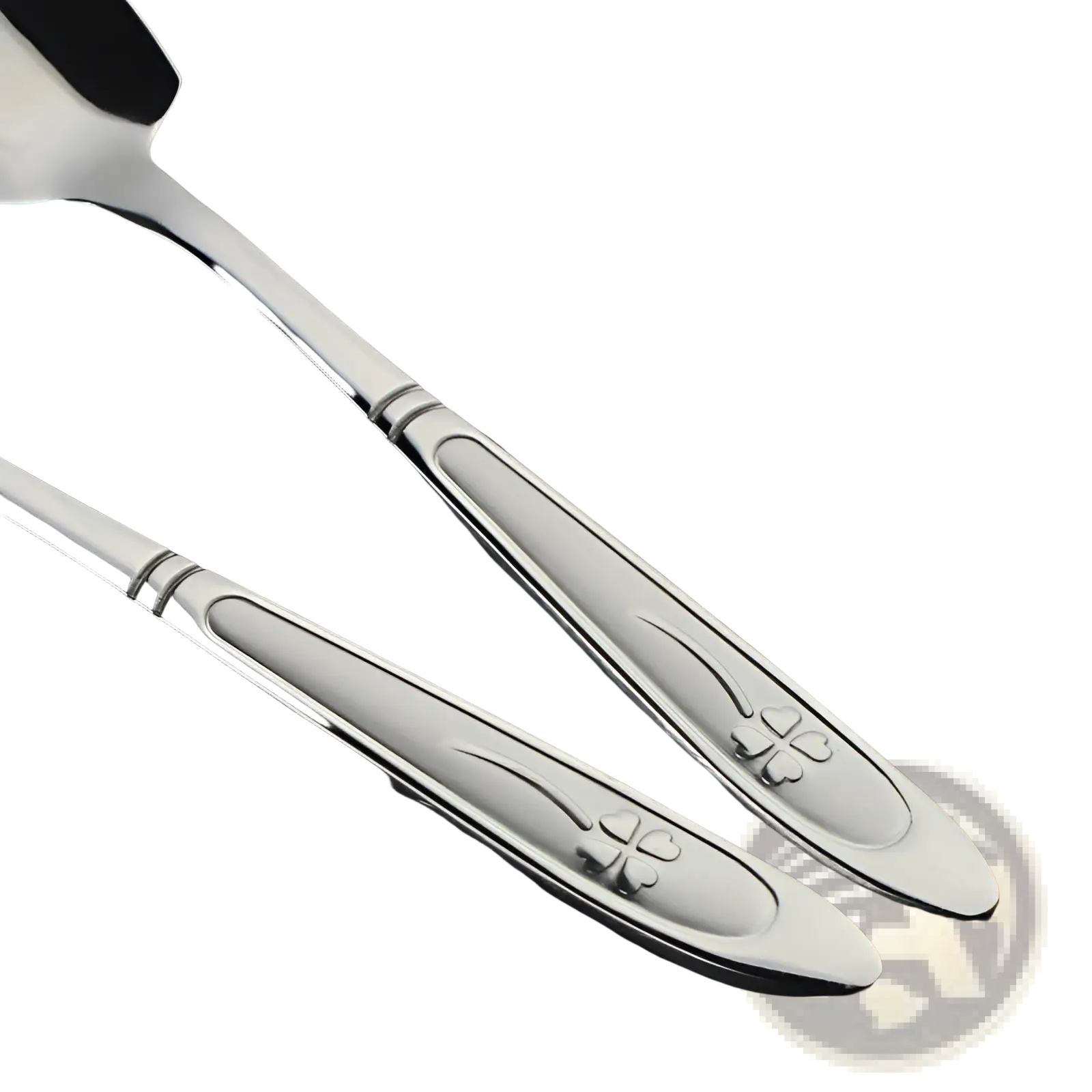 Silver grapefruit spoons made of stainless steel with serrated edges and engraved clover designs on the handles