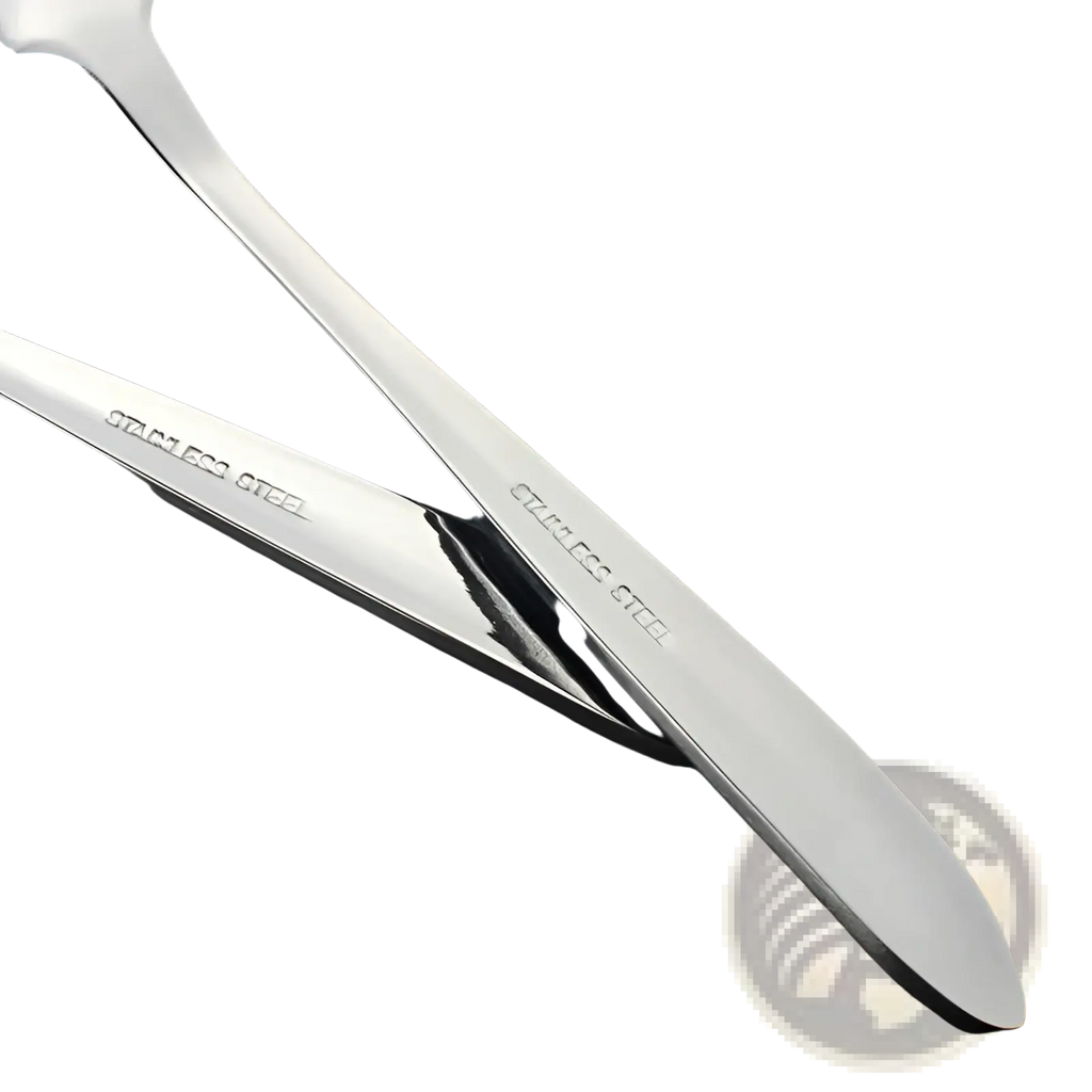 Shiny stainless steel grapefruit spoon with serrated edge and engraved stainless steel handle for fruit scraping