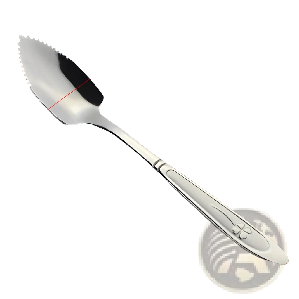 A sleek stainless steel grapefruit spoon with serrated edge and elegant clover design handle for fruit scraping
