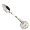 A sleek stainless steel grapefruit spoon with serrated edge and elegant clover design handle for fruit scraping