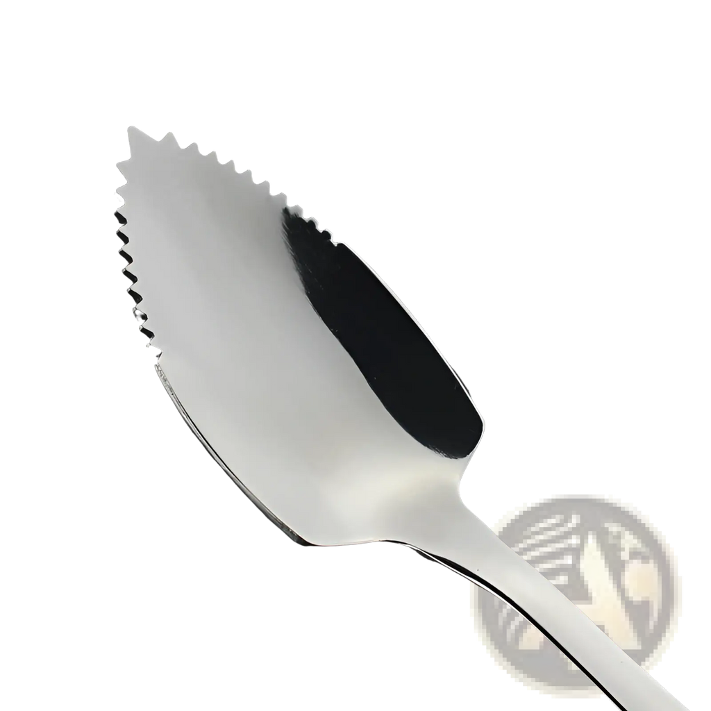 Shiny stainless steel grapefruit spoon with serrated, leaf-shaped ice tongs designed for fruit scraping
