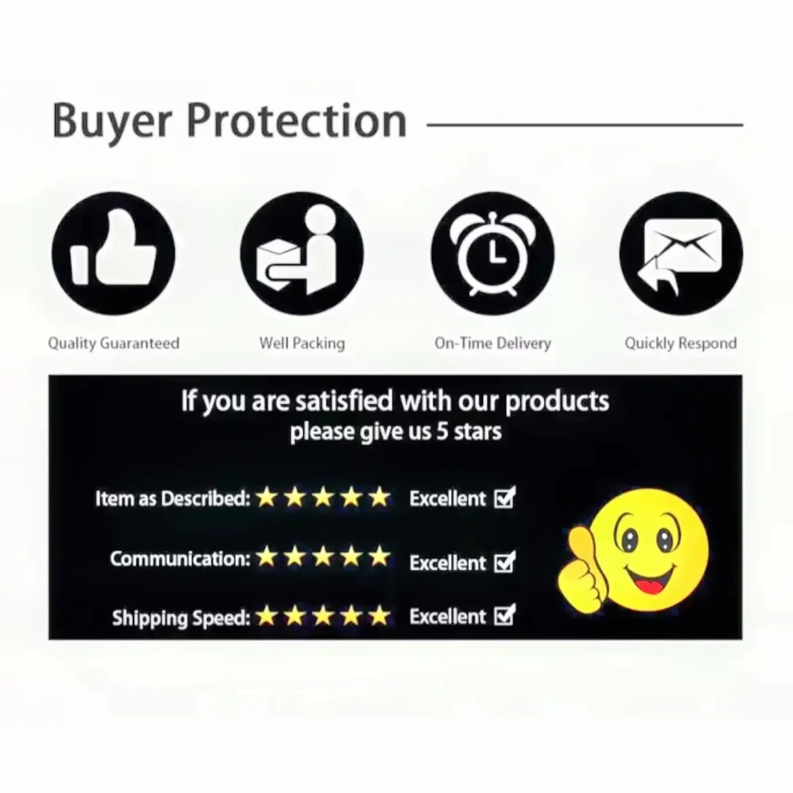 Black and yellow buyer protection graphic with quality packing delivery and customer service icons for men’s button up shirt