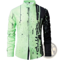 Men’s neon green and black long-sleeved button-up shirt with modern tech-inspired graphic design
