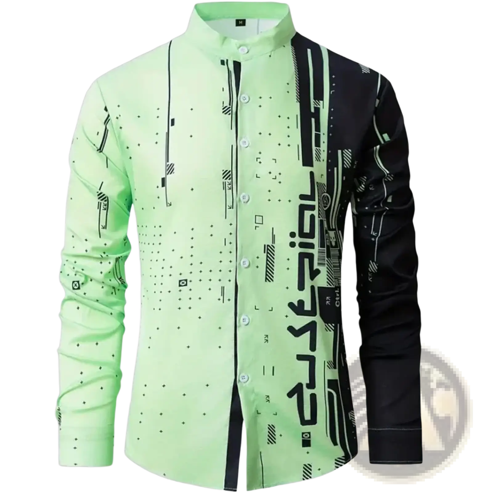 Men’s neon green and black long-sleeved button-up shirt with modern tech-inspired graphic design