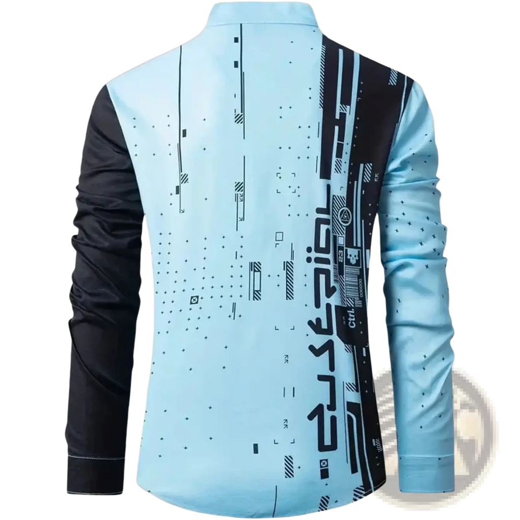 Light blue and black long-sleeved men’s dress shirt with a futuristic digital print graphic button up design
