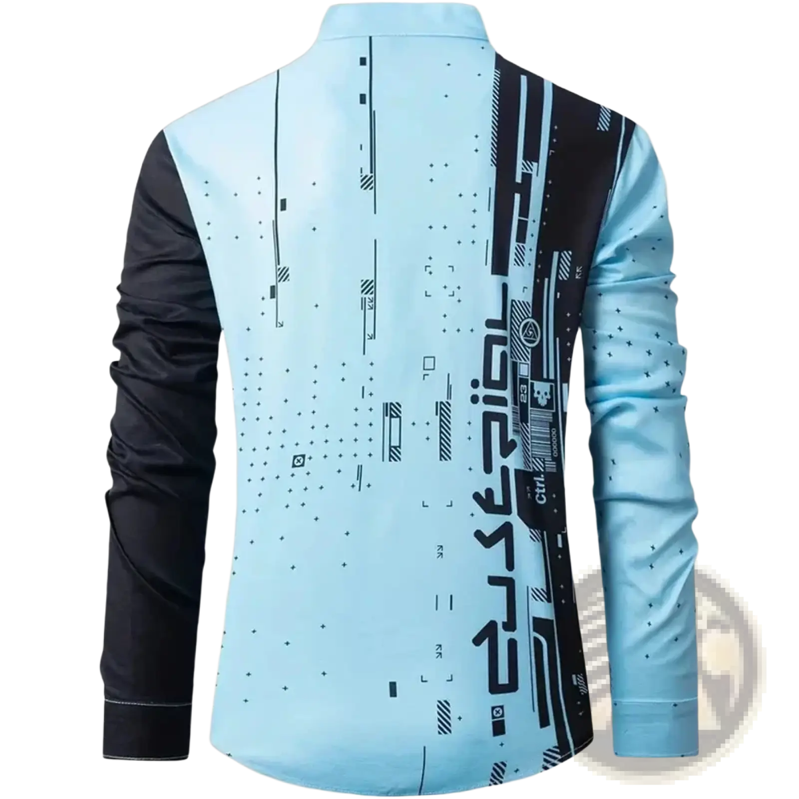 Light blue and black long-sleeved men’s dress shirt with a futuristic digital print graphic button up design