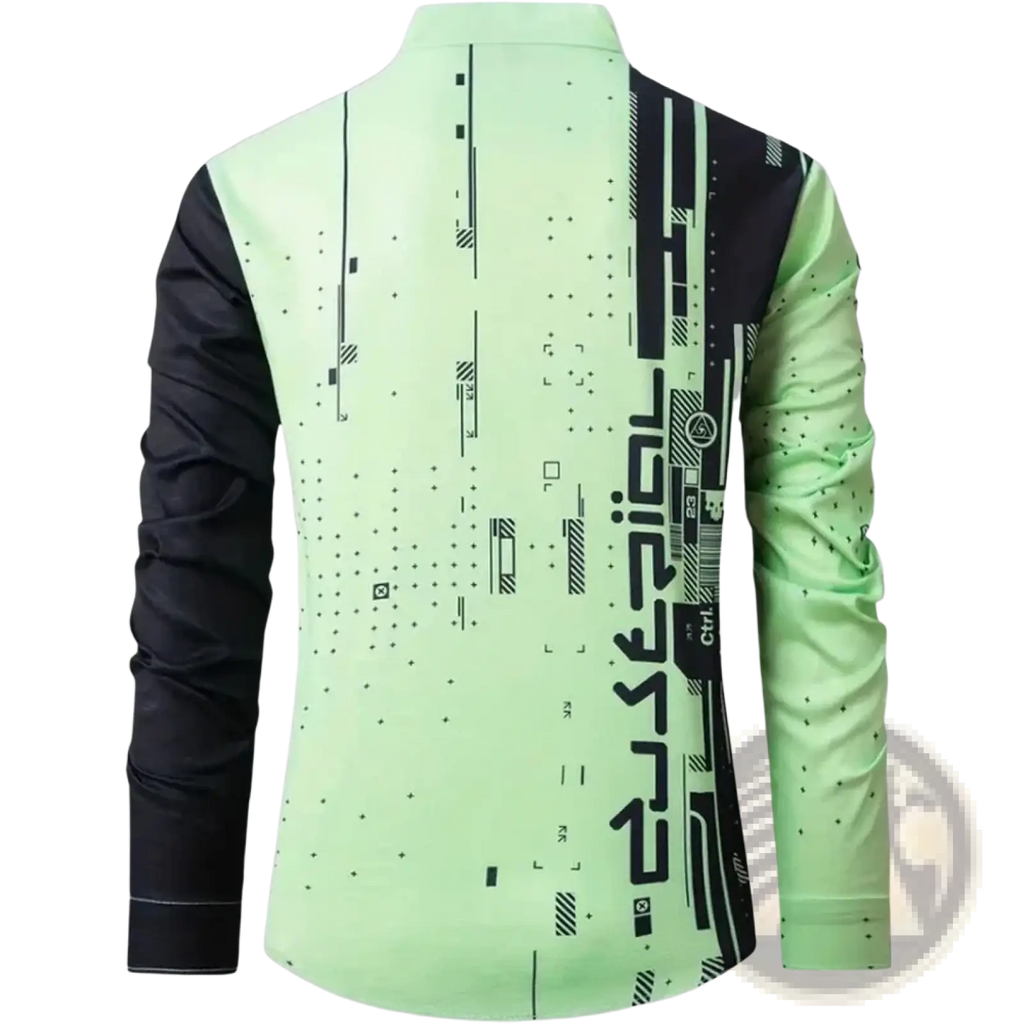 Graphic button up long sleeve shirt men in neon green and black with a futuristic digital print design