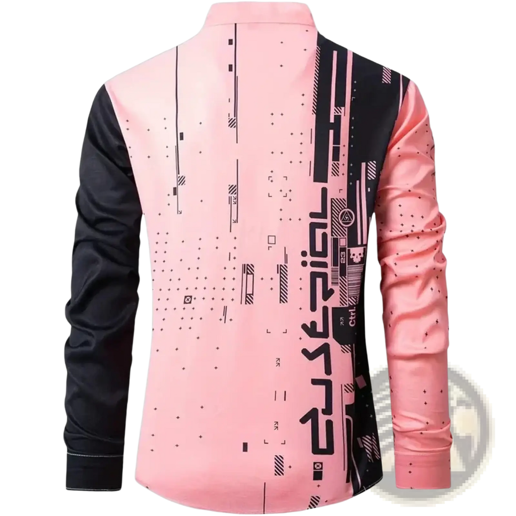 Graphic button up long sleeve shirt men in pink and black with a futuristic digital print design on durable fabric