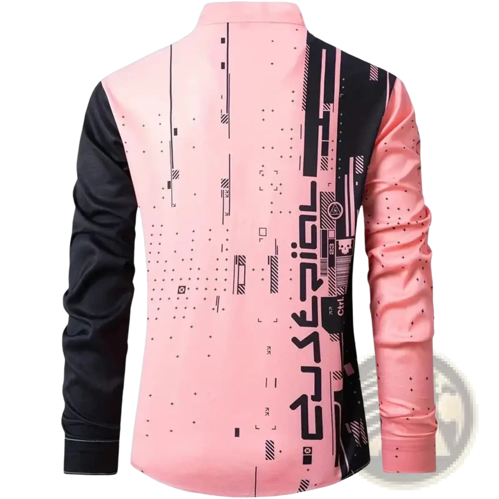 Graphic button up long sleeve shirt men in pink and black with a futuristic digital print design on durable fabric