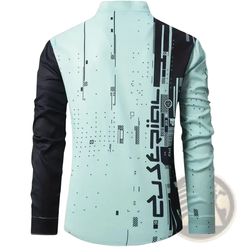 A sleek mint green and black graphic button up long sleeve shirt for men with a futuristic digital print design