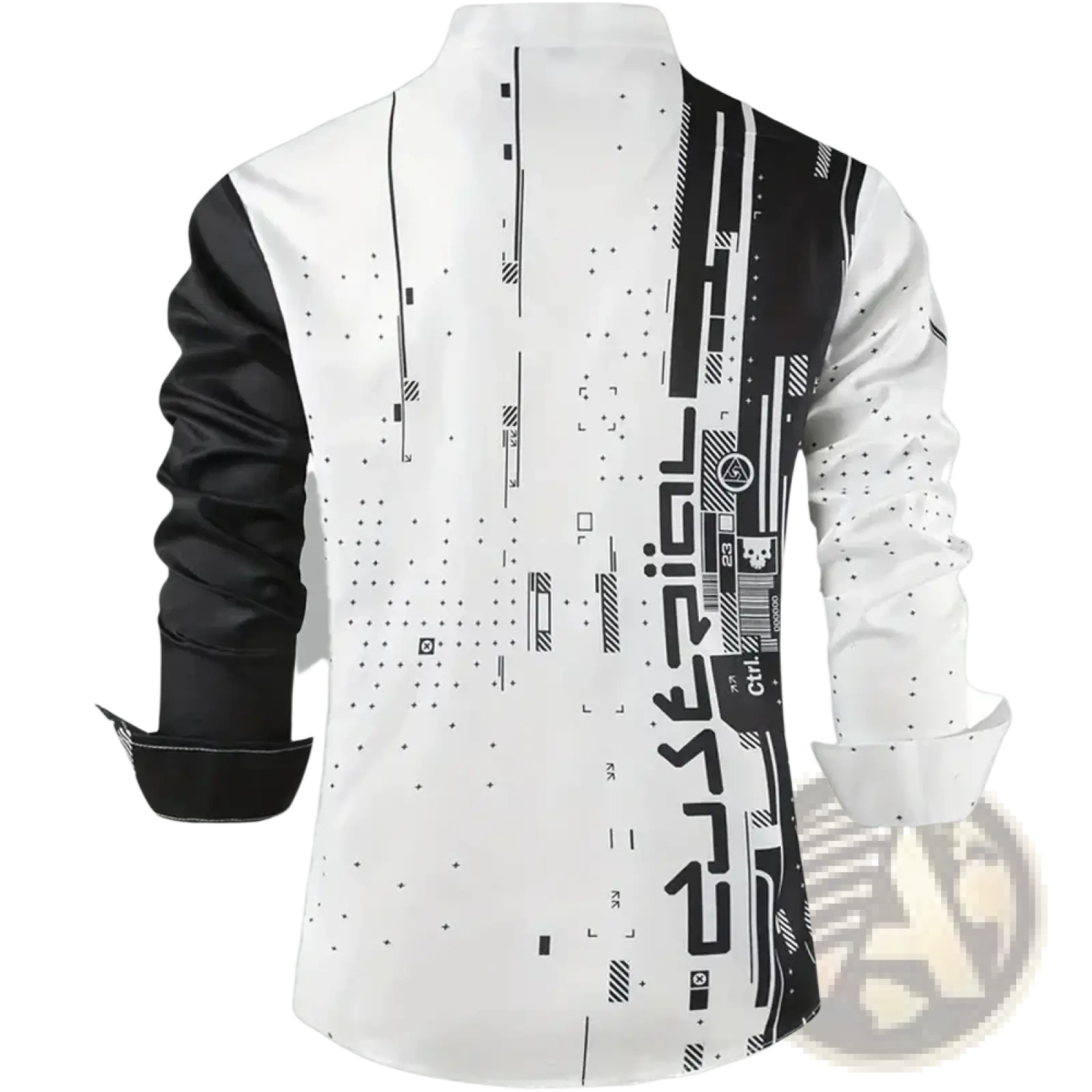 Graphic button up long sleeve shirt men in white and black with futuristic digital design and satin-like sleeves