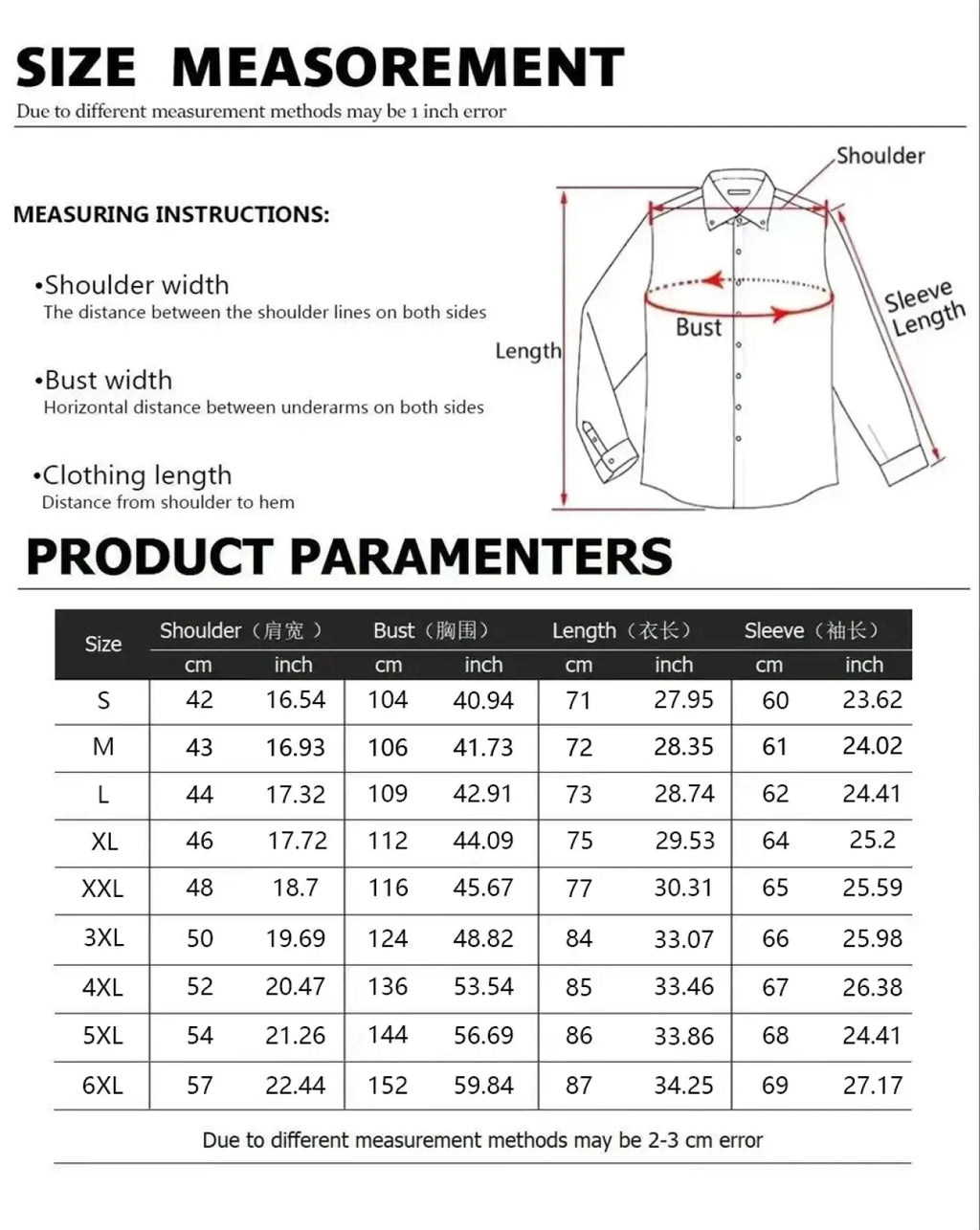 White button-up shirt men with classic collar long sleeves and precise size measurements for standard fits