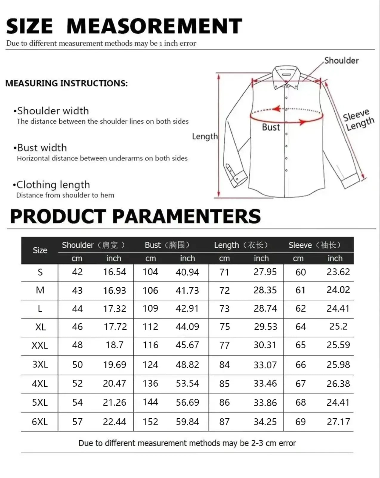 White button-up shirt men with classic collar long sleeves and precise size measurements for standard fits