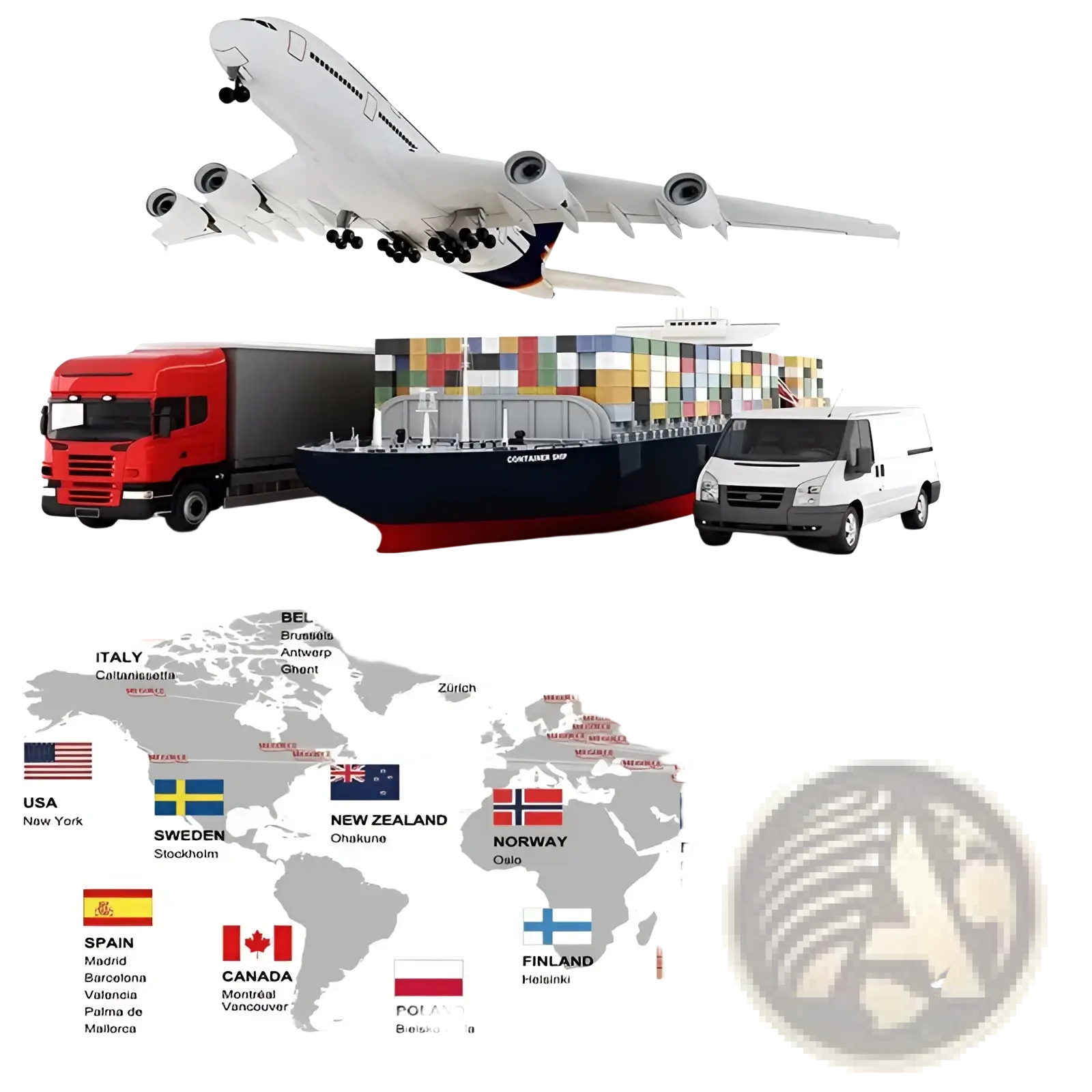 Graphic button up long sleeve shirt men with white airplane blue and black tail flying above red truck cargo ship and van