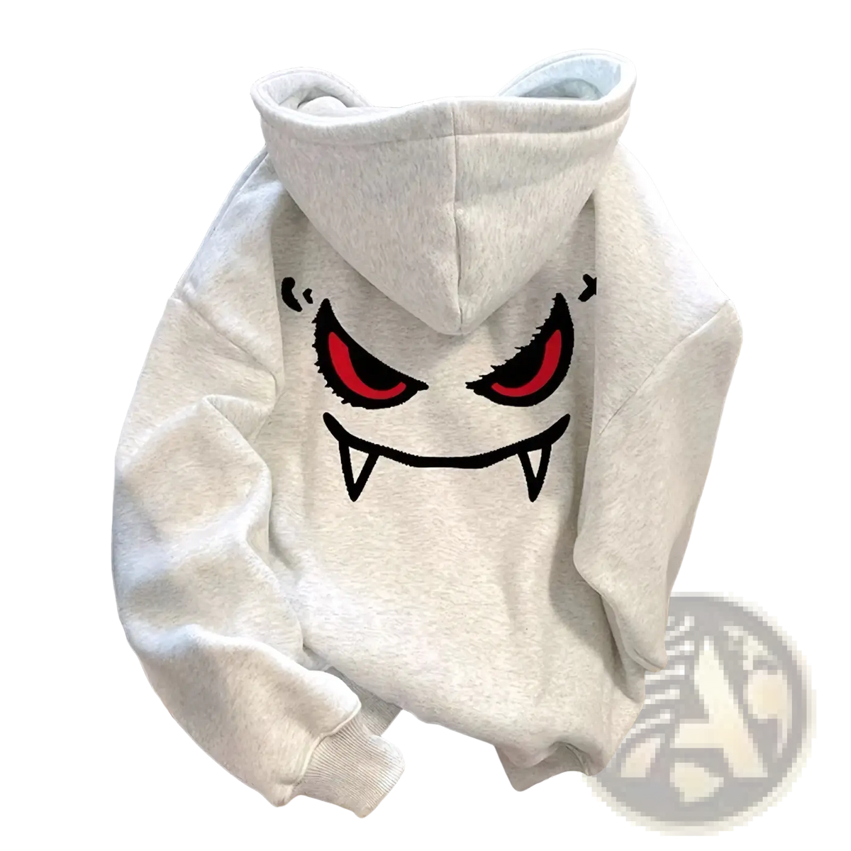 A light gray graphic devil hoodie loose oversized sweatshirt showing the back with a bold cartoon vampire face