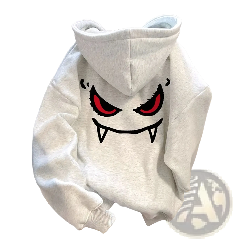 A light gray graphic devil hoodie loose oversized sweatshirt showing the bold cartoon vampire face on the back