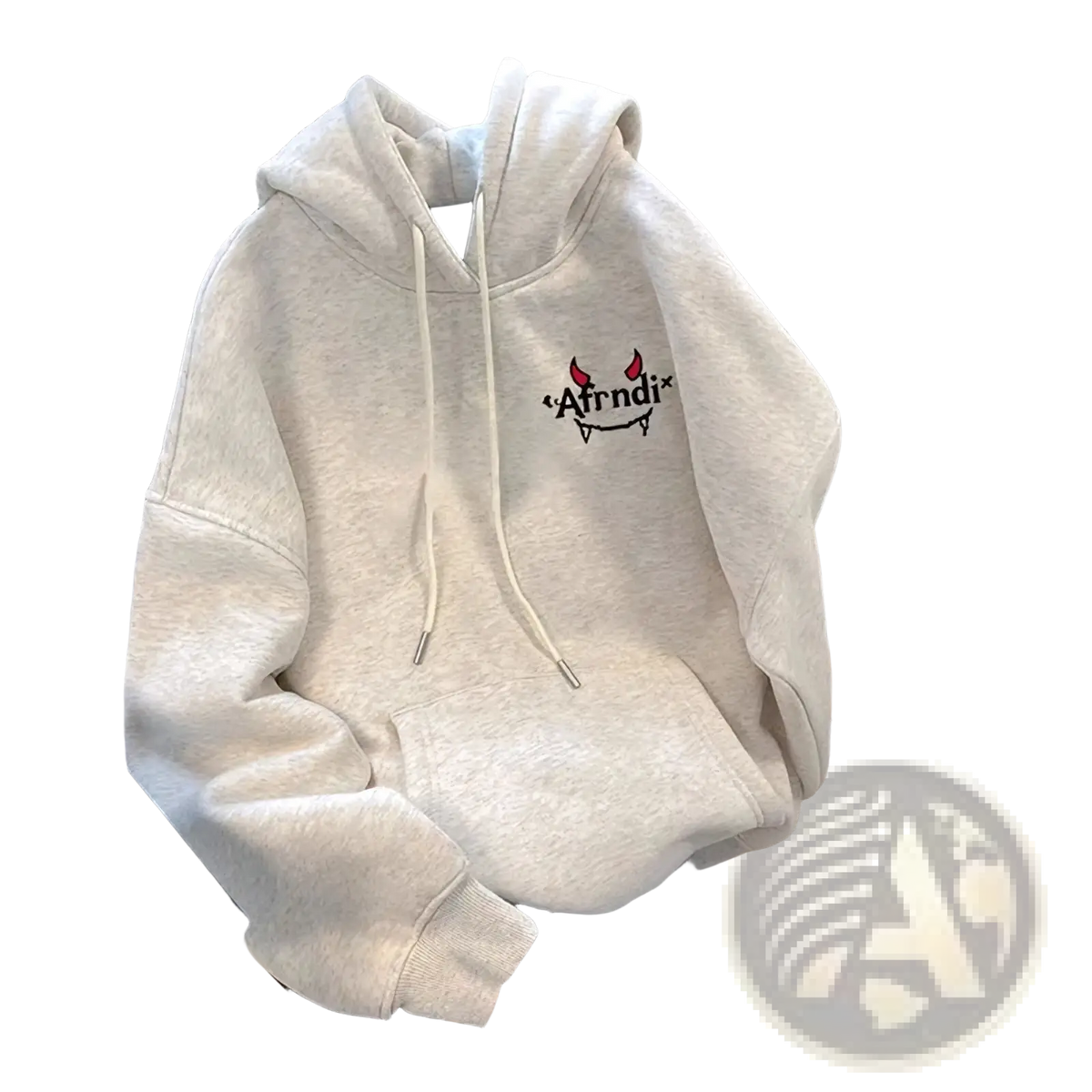 A soft heathered gray graphic devil hoodie with playful face print and matching drawstrings in loose oversized fit
