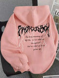 The back side of a soft pink graphic hooded sweatshirt for women with bold black letter print and white lightning bolt designs