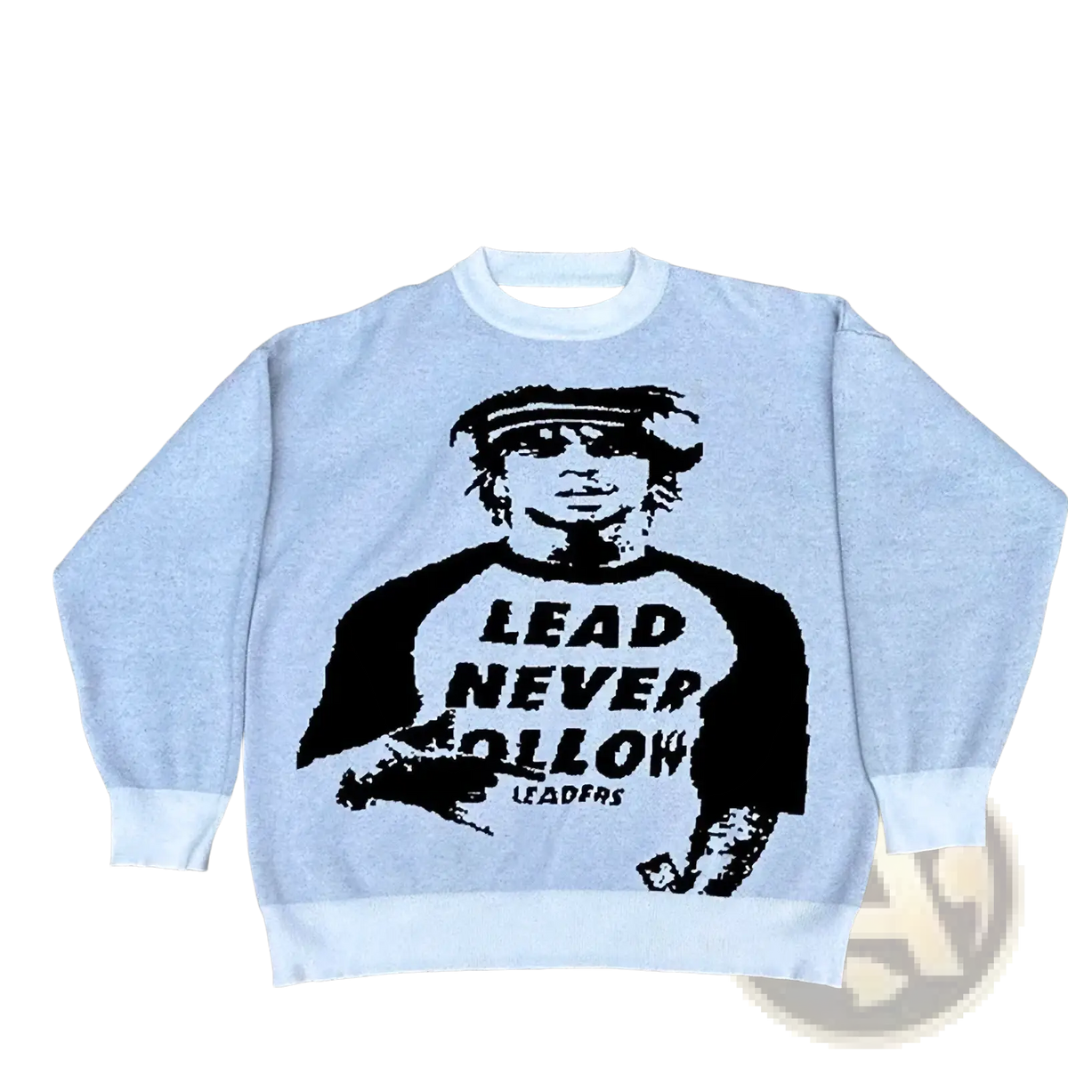Light gray knit sweater with bold black graphic figure and lead never follow leaders text in y2k streetwear style