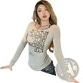 A light gray fitted long sleeve crop top with bold black graphic letter print across the chest