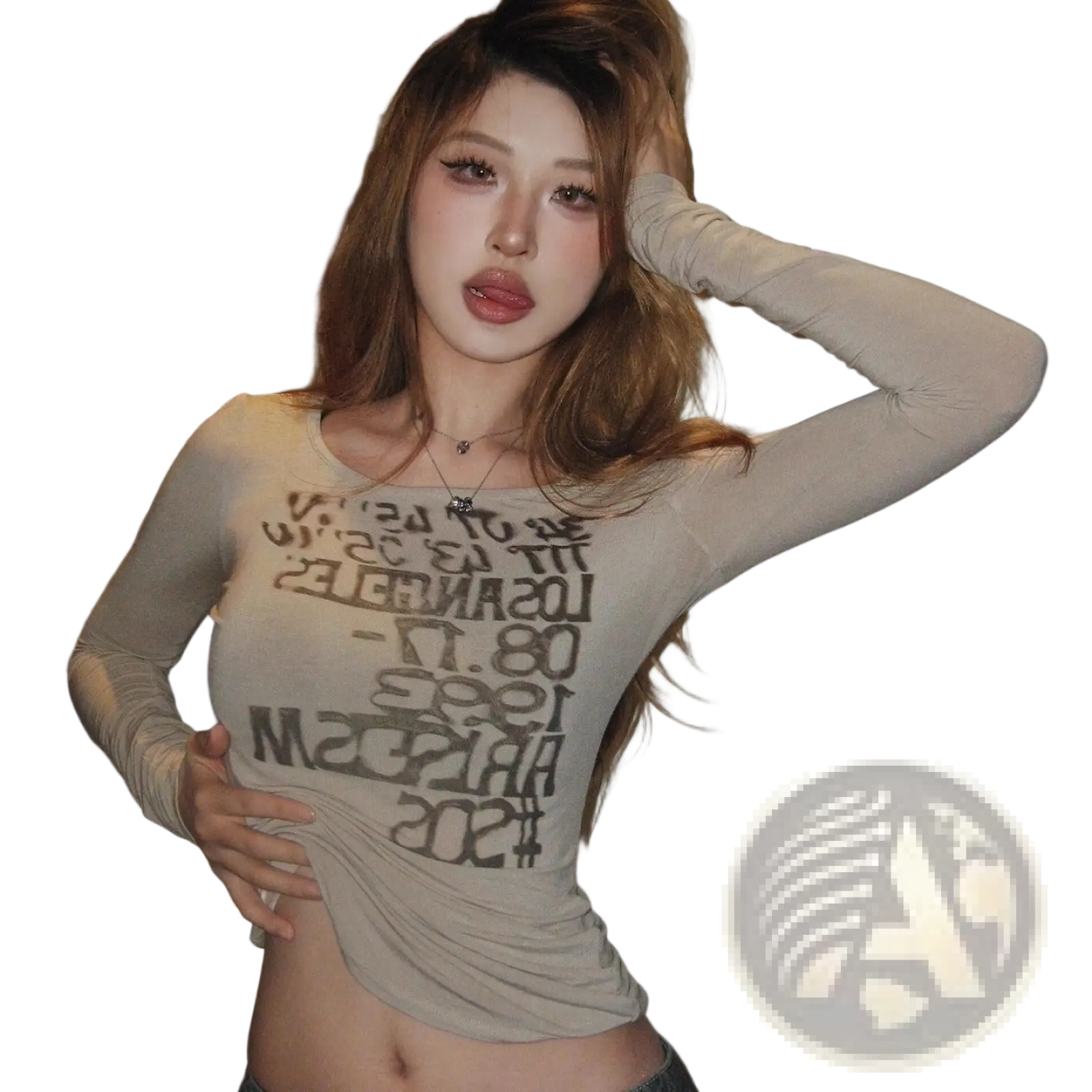 Beige graphic letter print long sleeve crop top made of sheer stretchy fabric with bold black graffiti lettering