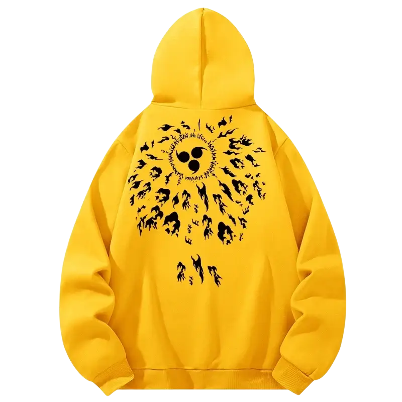Bright yellow fleece lined hooded sweatshirt with bold black sharingan graphic print casual design for men
