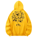 Bright yellow fleece lined hooded sweatshirt with bold black sharingan graphic print casual design for men