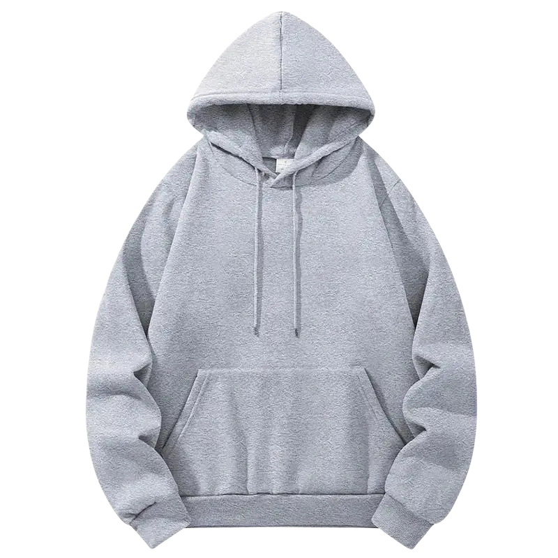 Heather gray hooded sweatshirt with fleece lining, front kangaroo pocket, and matching drawstrings in graphic print casual style