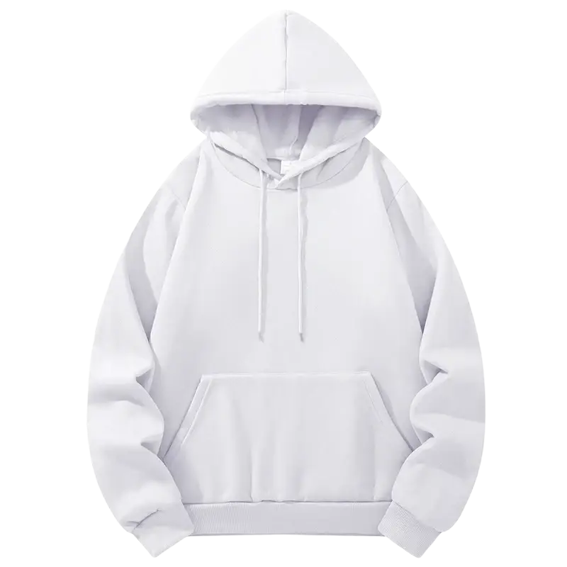 White hooded sweatshirt with fleece lining featuring front pouch pocket and matching drawstrings for graphic print casual hoodies