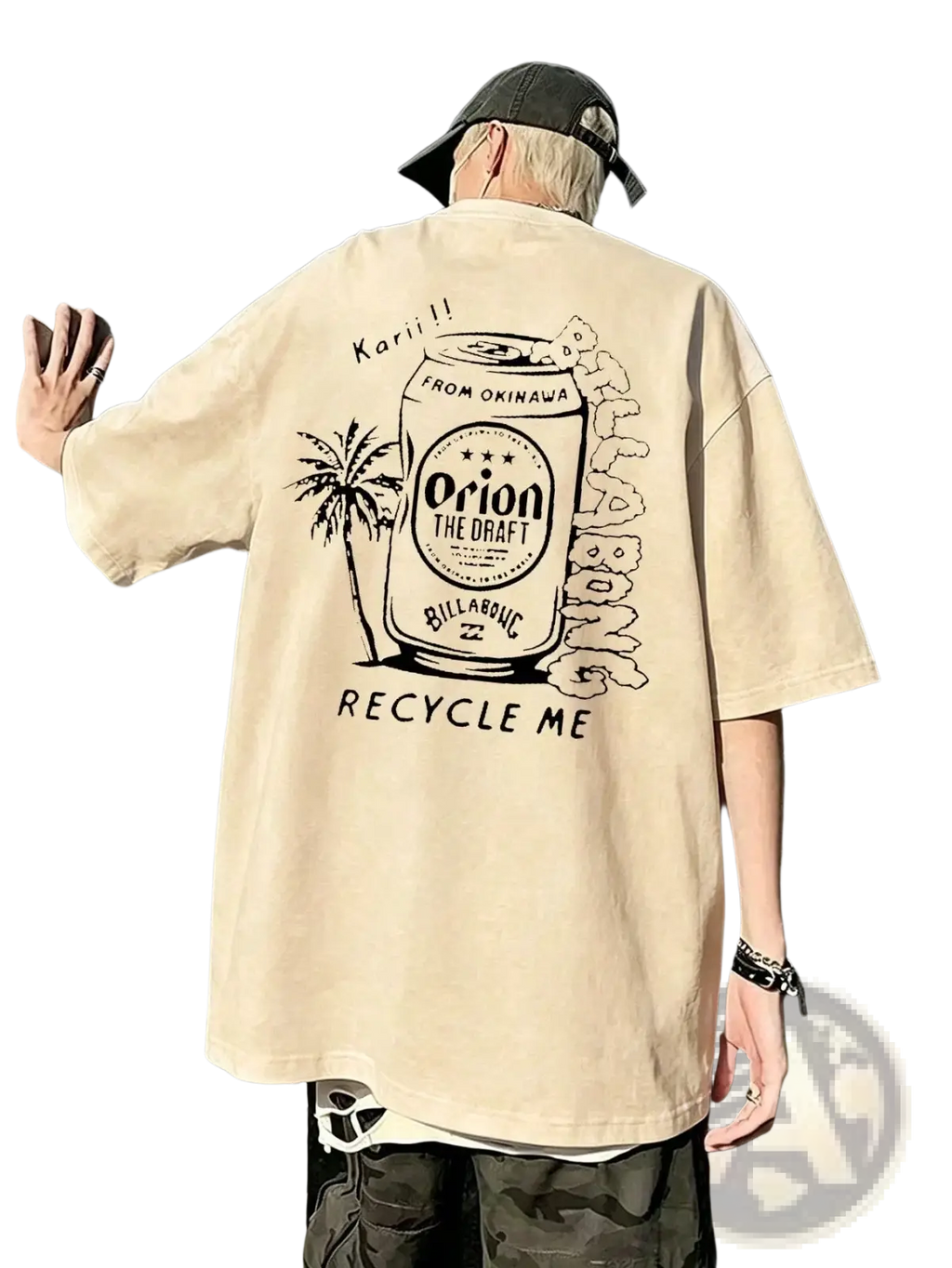Beige oversized men short sleeve t shirt featuring a black graphic print of an orion beer can with palm trees and recycle me text