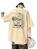 Beige oversized men short sleeve t shirt featuring a black graphic print of an orion beer can with palm trees and recycle me text
