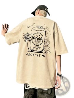 Beige oversized men short sleeve t shirt featuring a black graphic print of an orion beer can with palm trees and recycle me text