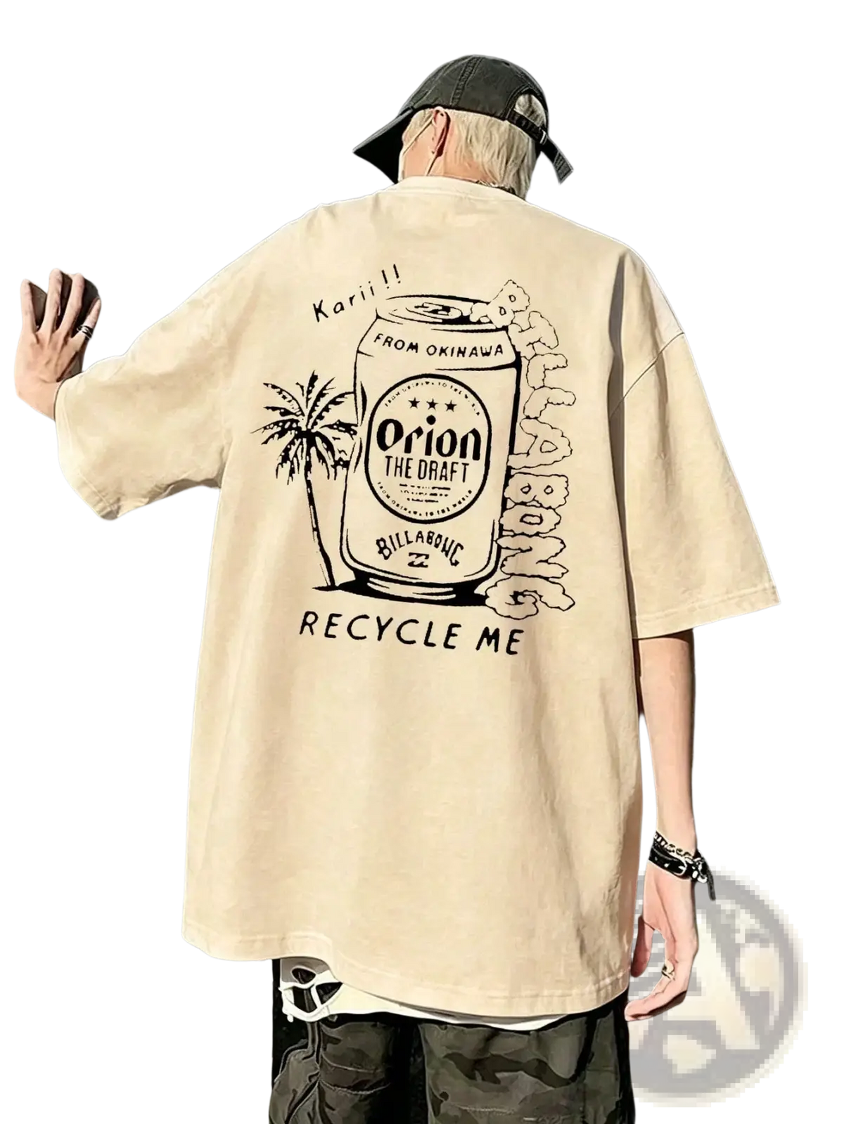 Beige oversized men short sleeve t shirt featuring a black graphic print of an orion beer can with palm trees and recycle me text