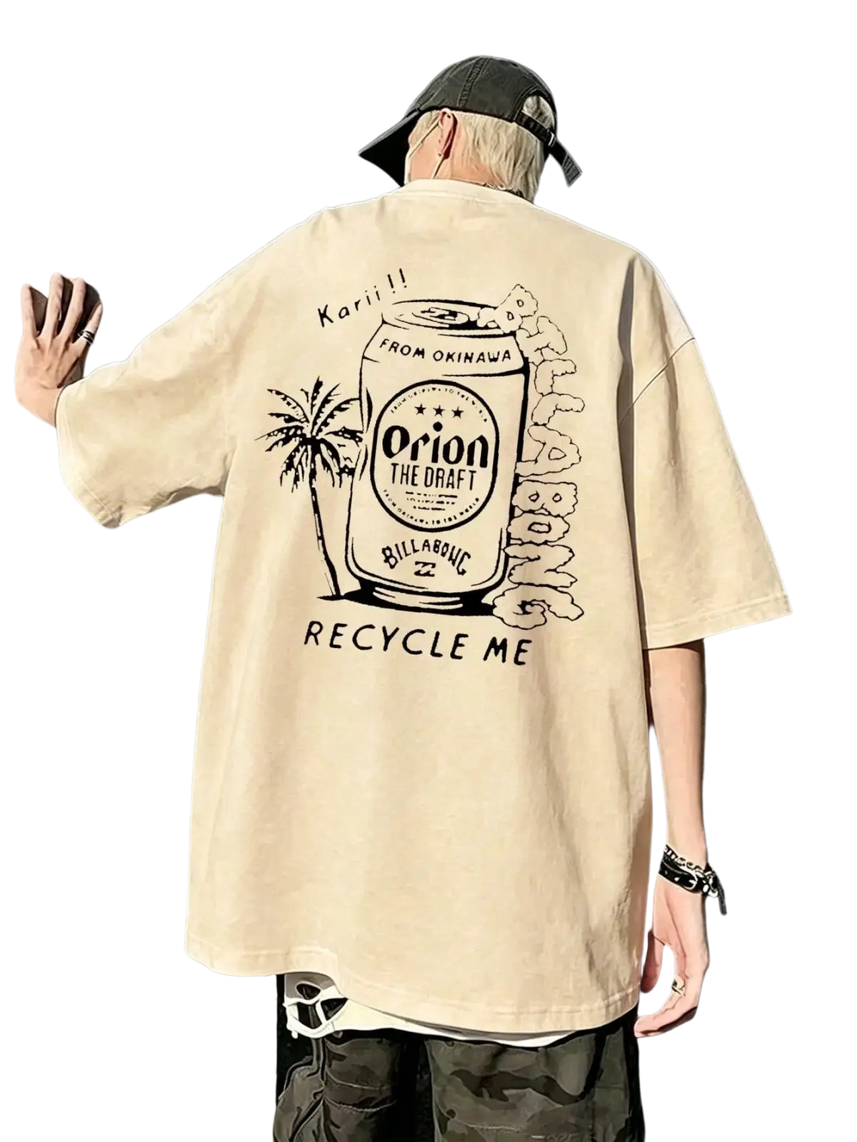 Beige oversized men short sleeve t shirt featuring a black graphic print of an orion beer can with palm trees and recycle me text