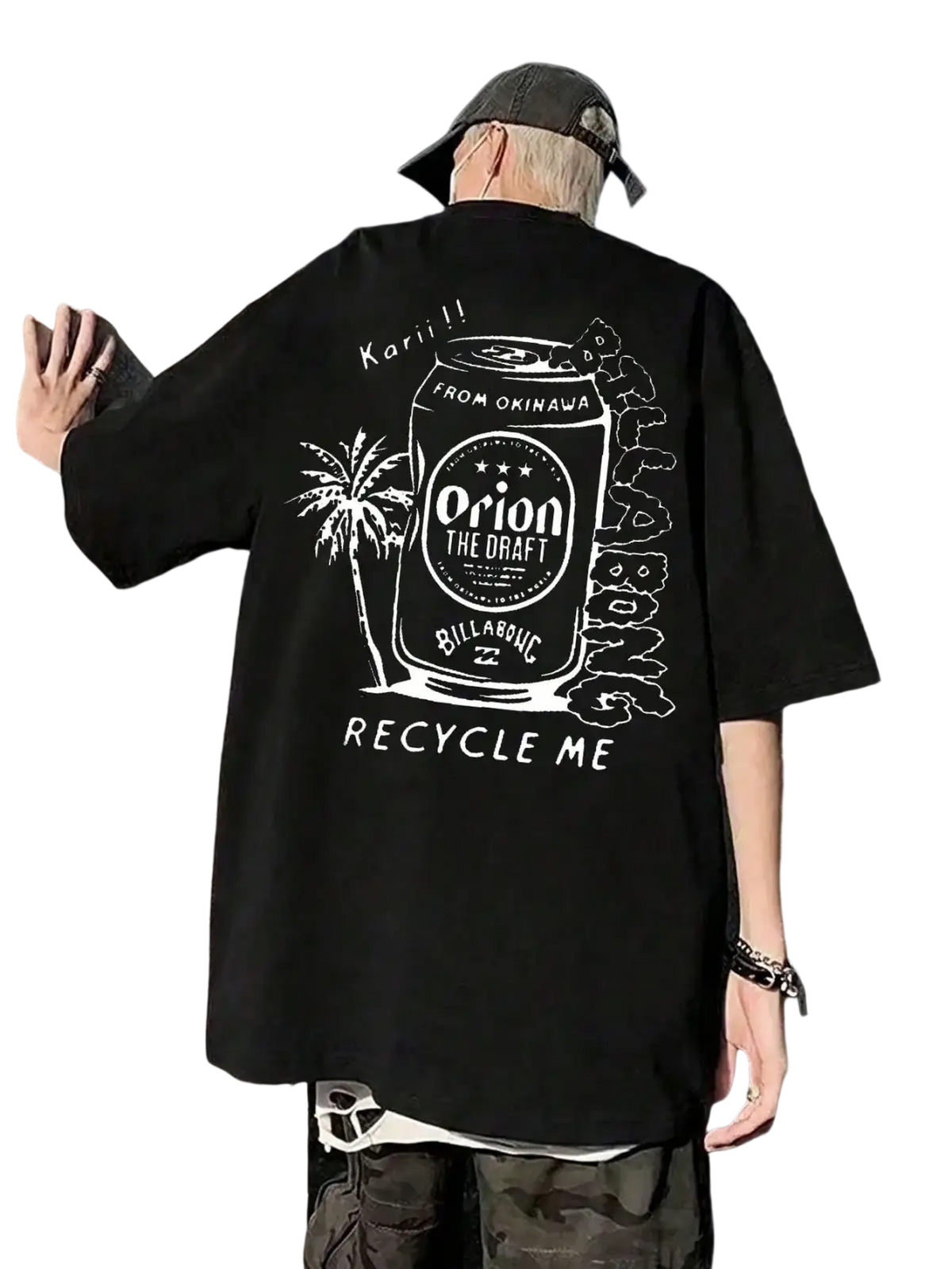 Black oversized men short sleeve t shirt with white orion the draft and billabong beer can graphic and palm tree design