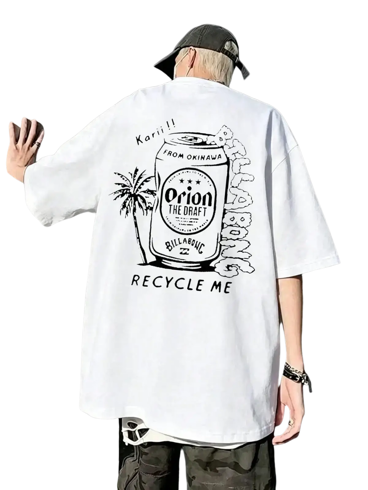 White oversized men short sleeve t shirt with black graphic print of orion beer can and palm trees
