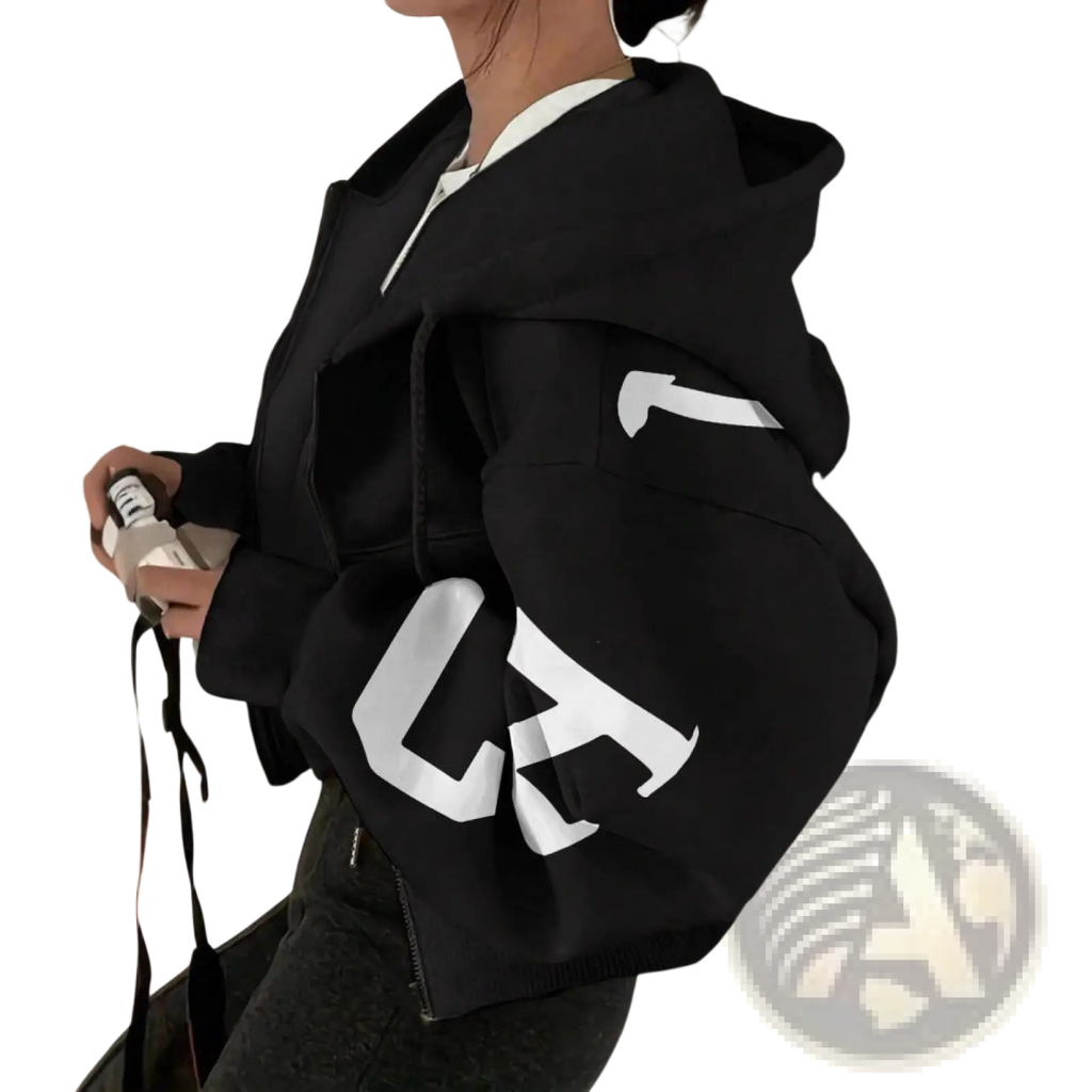 Black zip-up hoodie sweatshirt with bold white graphic lettering on sleeves made of soft cotton blend fabric