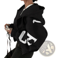 Black zip-up hoodie sweatshirt with bold white graphic lettering on sleeves made of soft cotton blend fabric