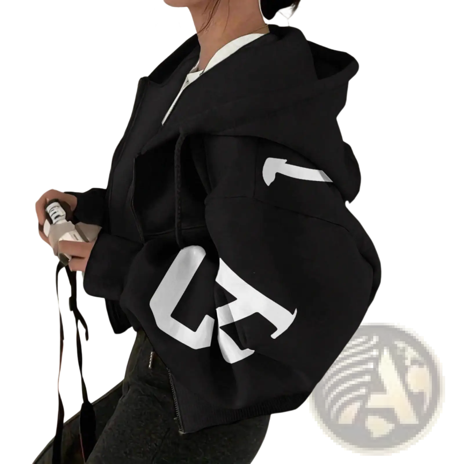 Black zip-up hoodie sweatshirt with bold white graphic lettering on sleeves made of soft cotton blend fabric